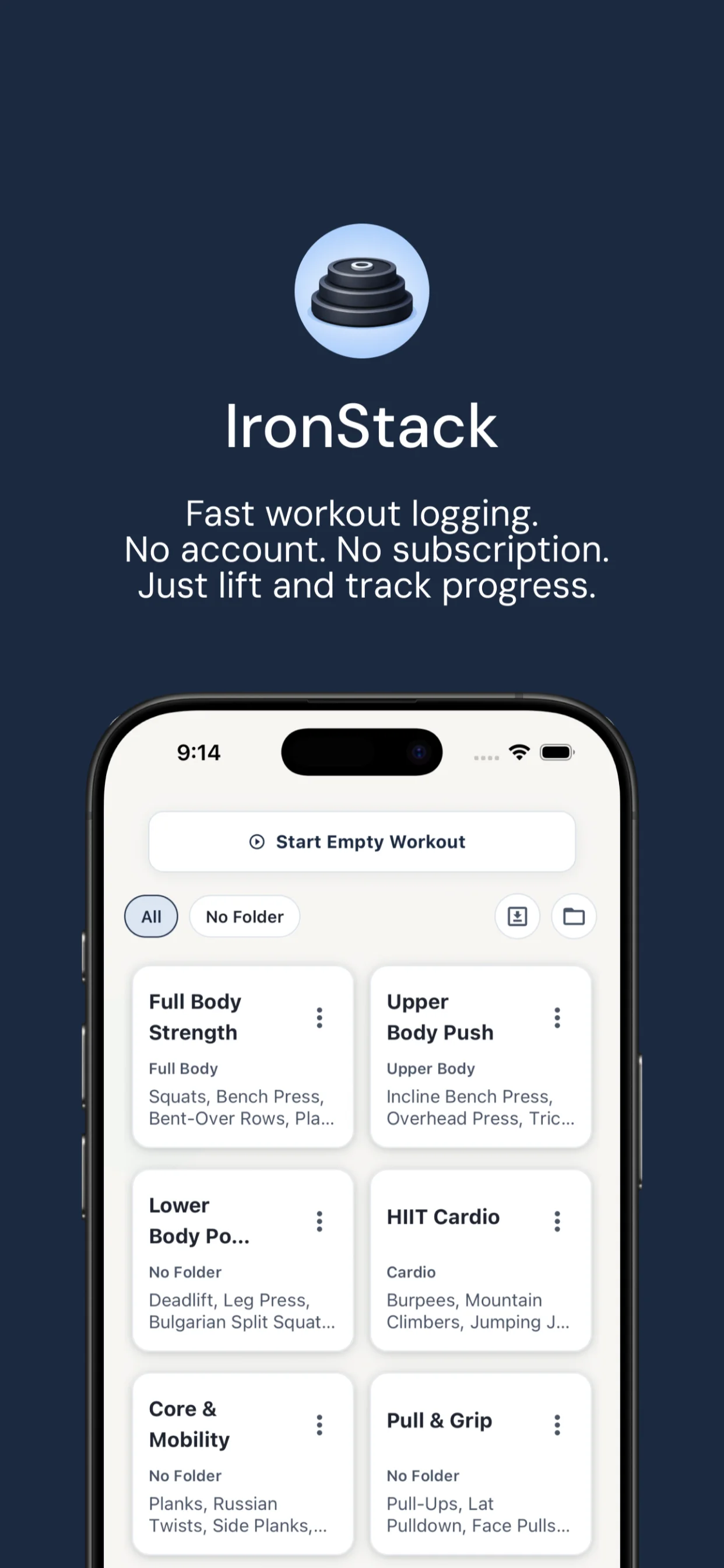 IronStack workout builder — create a session with exercises, sets, and reps