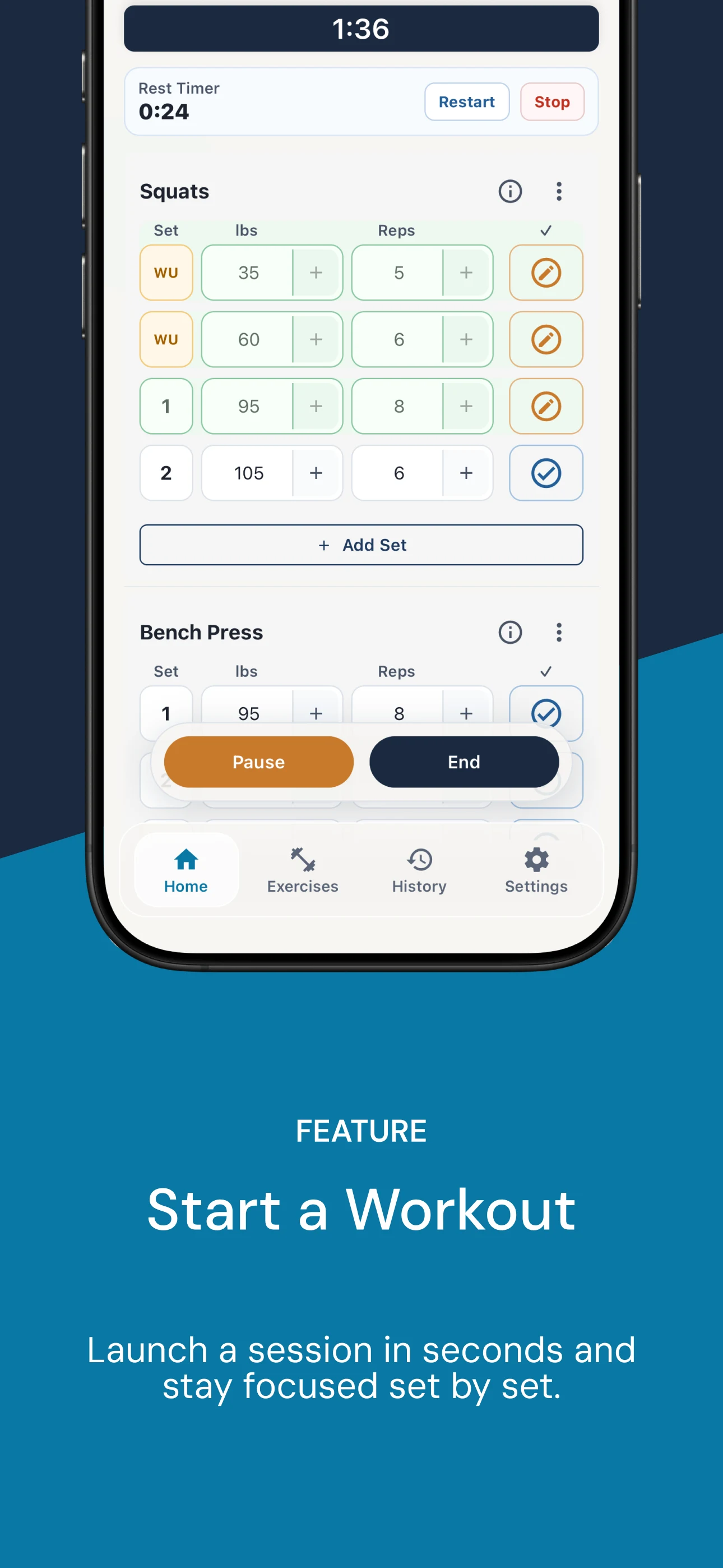 IronStack workout tracking and history — log sets and review PRs